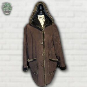 Vintage Jones New York Faux Suede & Fur Hooded Overcoat Jacket Medium
